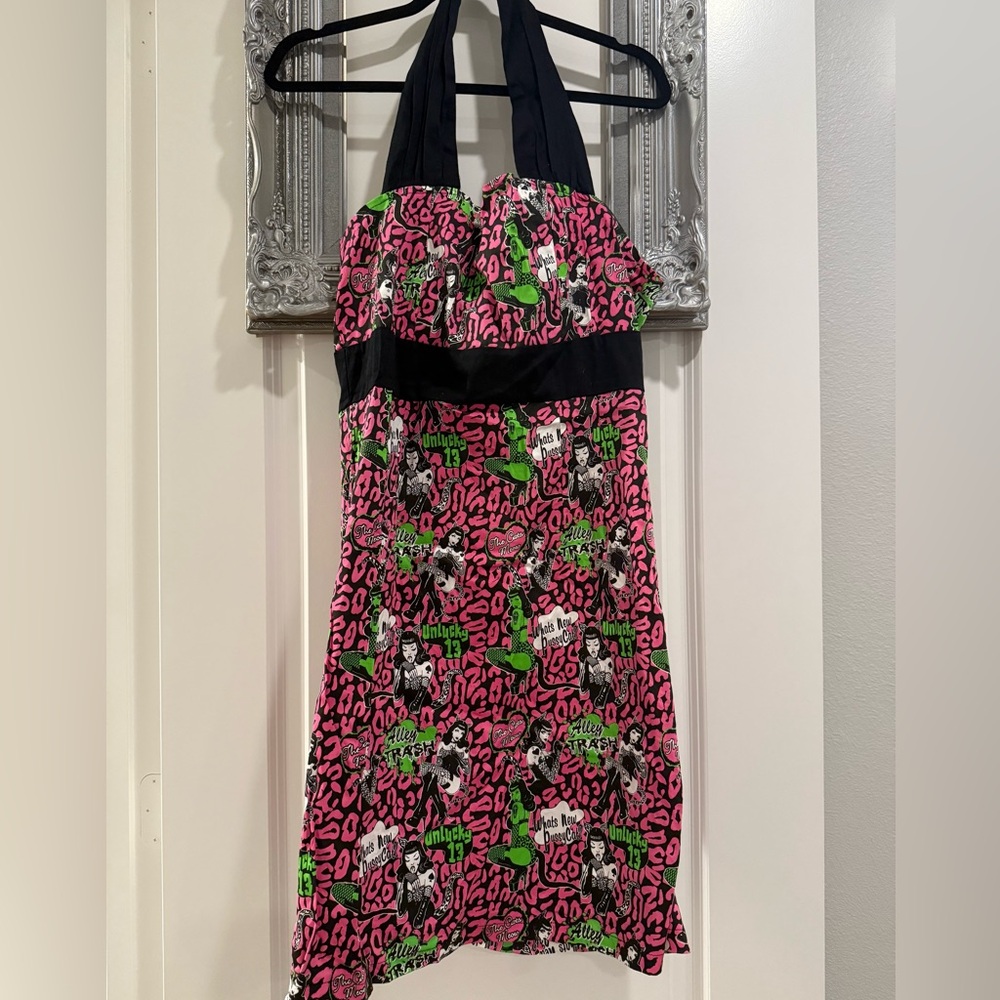 NWOT Too Fast XL Pink & Green Leopard Patterned Halter Alley Cat Trash Pinup